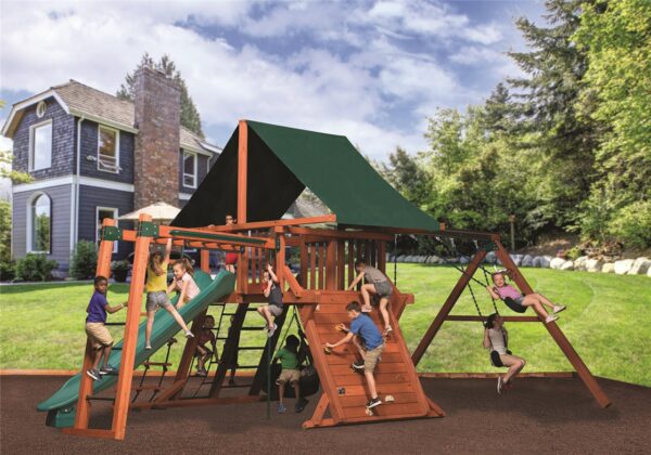 classic adventure peak junior 1 playset w/ green tarp roof and monkey bars