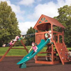 classic adventure treehouse jumbo 2 swing set w/ green rocket slide