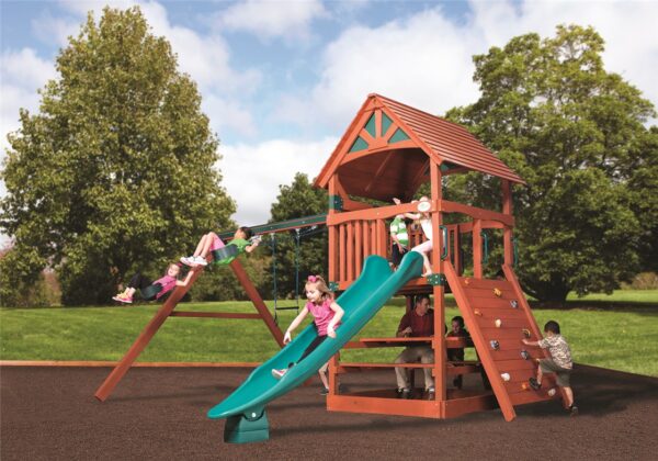 classic adventure treehouse jumbo 2 swing set w/ green rocket slide