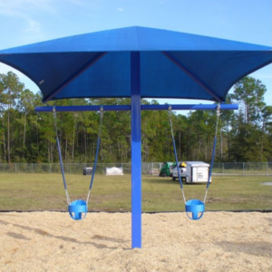 Commercial playground swings with integrated shade and infant buckets.