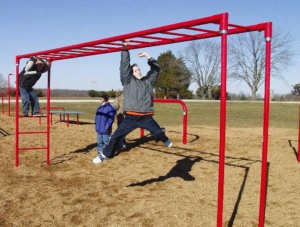 Child climbing on commercial playground monkey bars.