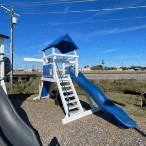 Blue and white swing kingdom mountain climber displayed.