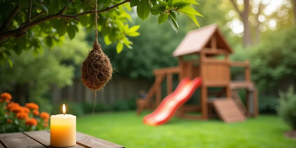 How can you deter wasps from building nests on playsets?