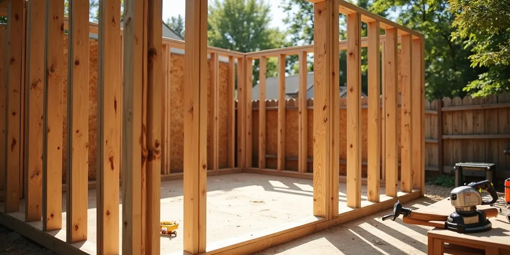What steps are involved in framing the walls of a slanted roof storage shed?
