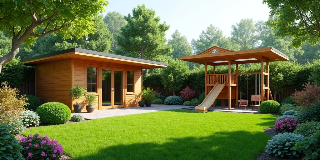 How can sheds, playsets, and shade structures be integrated in one design?