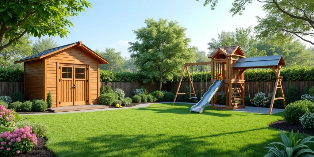 What are some key considerations for combining sheds, playsets, and shade structures?