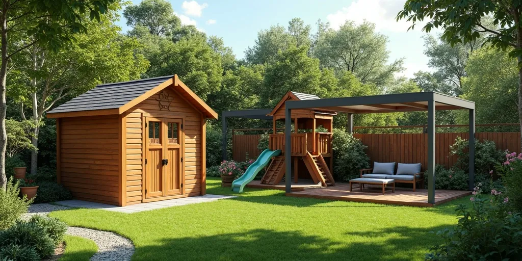 How do layout and materials play a role in combining sheds, playsets, and shade structures?