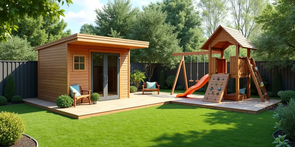 What design ideas can help create a cohesive outdoor space with sheds, playsets, and shade structures?