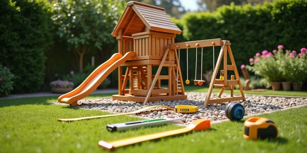 How can you ensure the backyard playset fits safely in the designated space?
